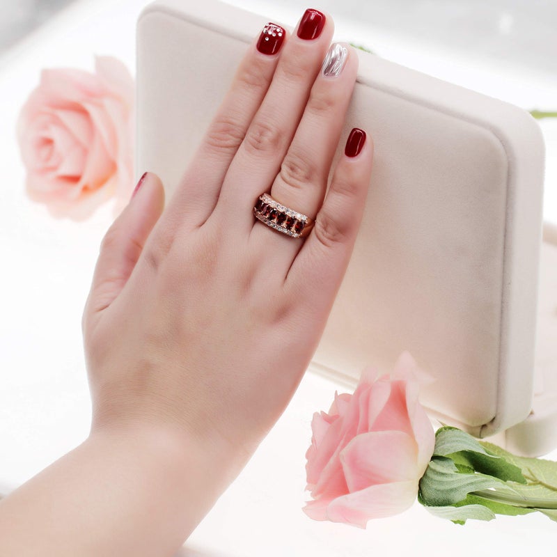 Uloveido Women's Rose Gold Plated Oval Cut Red Cubic Zirconia 7 Stones Wedding Band,Simulated Ruby Birthstone Ring J501 (Red, Size 6) - Image 2